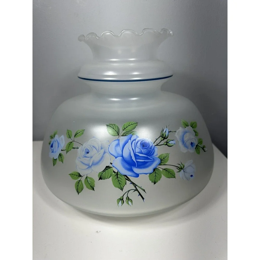 2 Piece Pair‎ Hurricane Lamp Shades Dome Blue Rose Aladdin Oil Electric